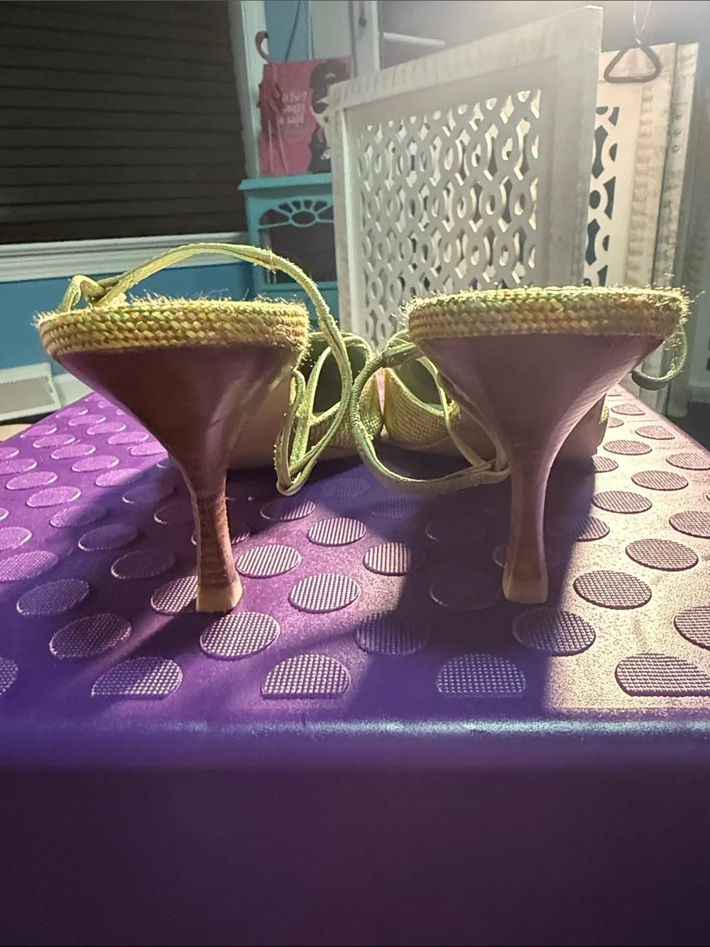 A. Marinelli Yellow-Green Woven Pointed-Toe Slingback Heels